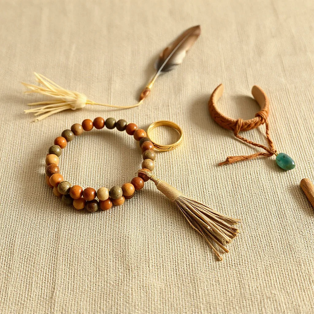 Earthy boho bracelets, tassel necklace, hoop earrings, and a gemstone ring laid on neutral fabric with soft natural light