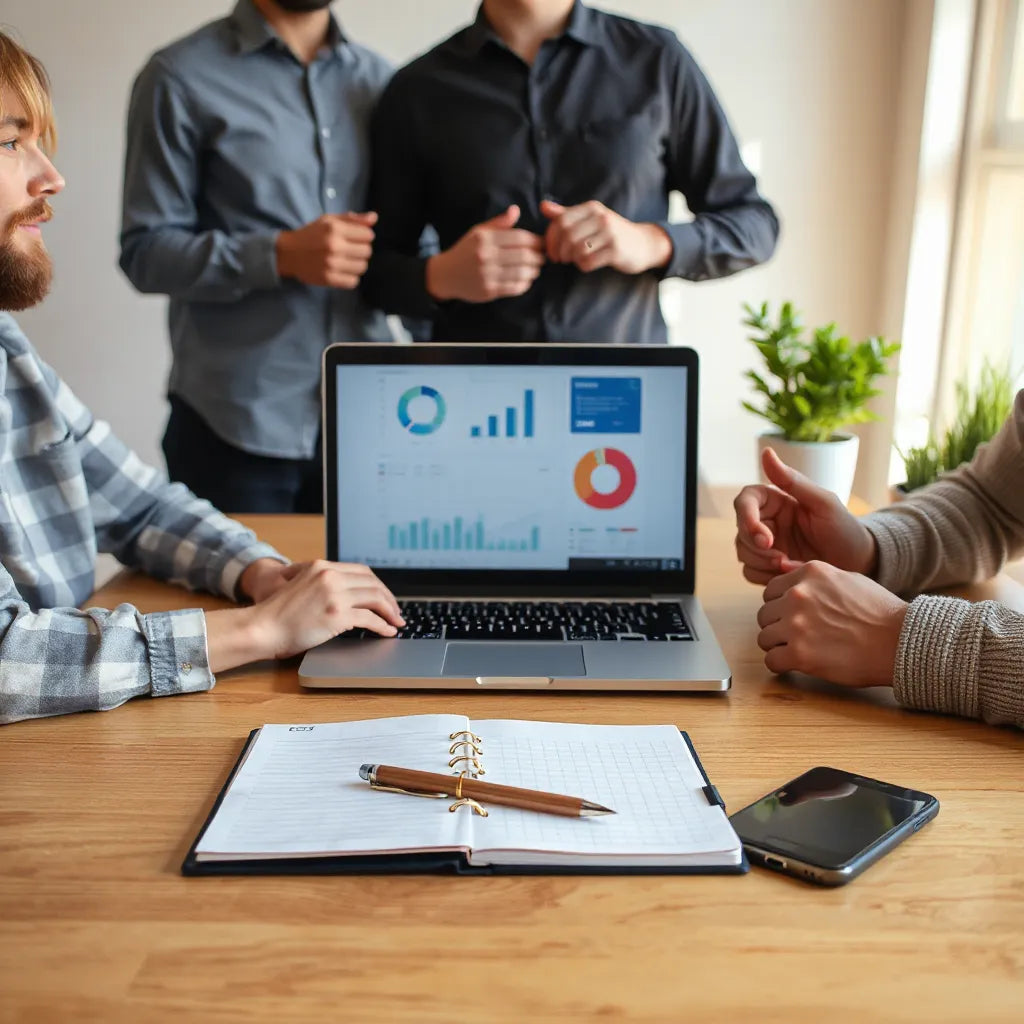 Team reviewing business metrics on a laptop with charts in a modern office setting