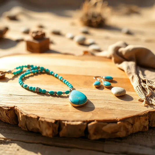 Turquoise pendant necklace, earrings, and bracelet layered on a desert-toned tabletop with silver accents