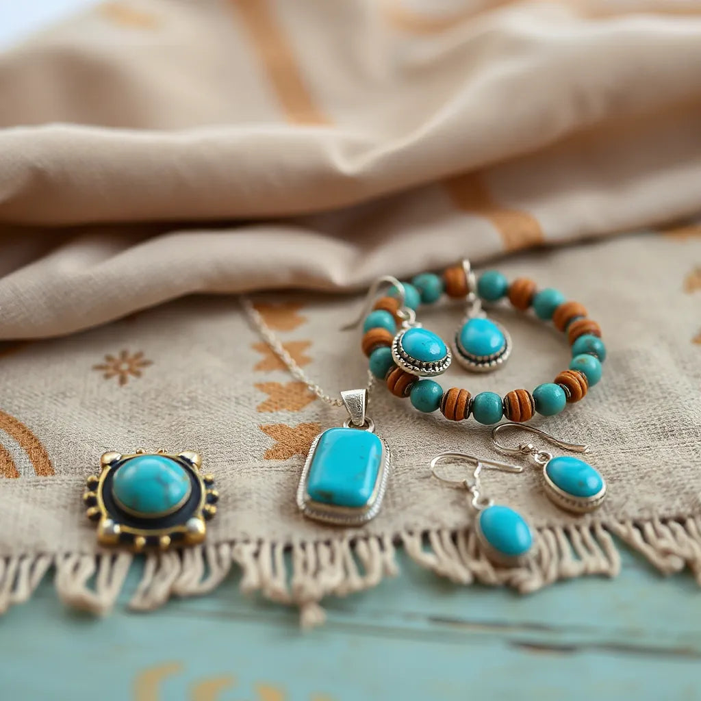 Turquoise pendant necklace and earrings on a warm desert-toned fabric background