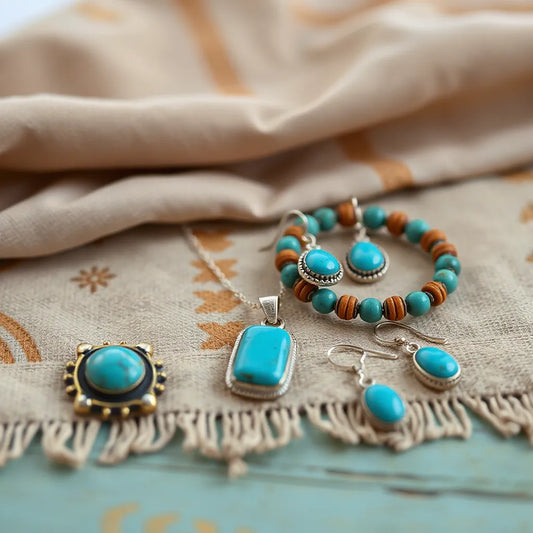 Turquoise pendant necklace and earrings on a warm desert-toned fabric background