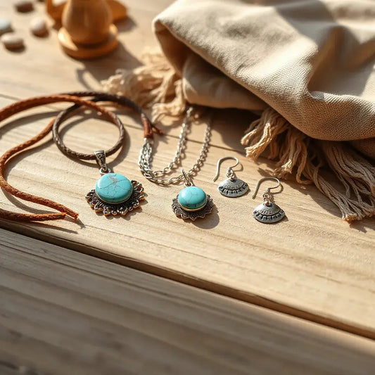 Turquoise jewelry and bohemian southwestern accessories on a sunlit wooden tabletop