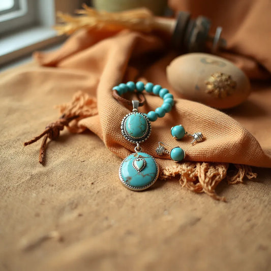 Turquoise pendant necklace and beaded bracelet with silver accents on desert-toned fabric