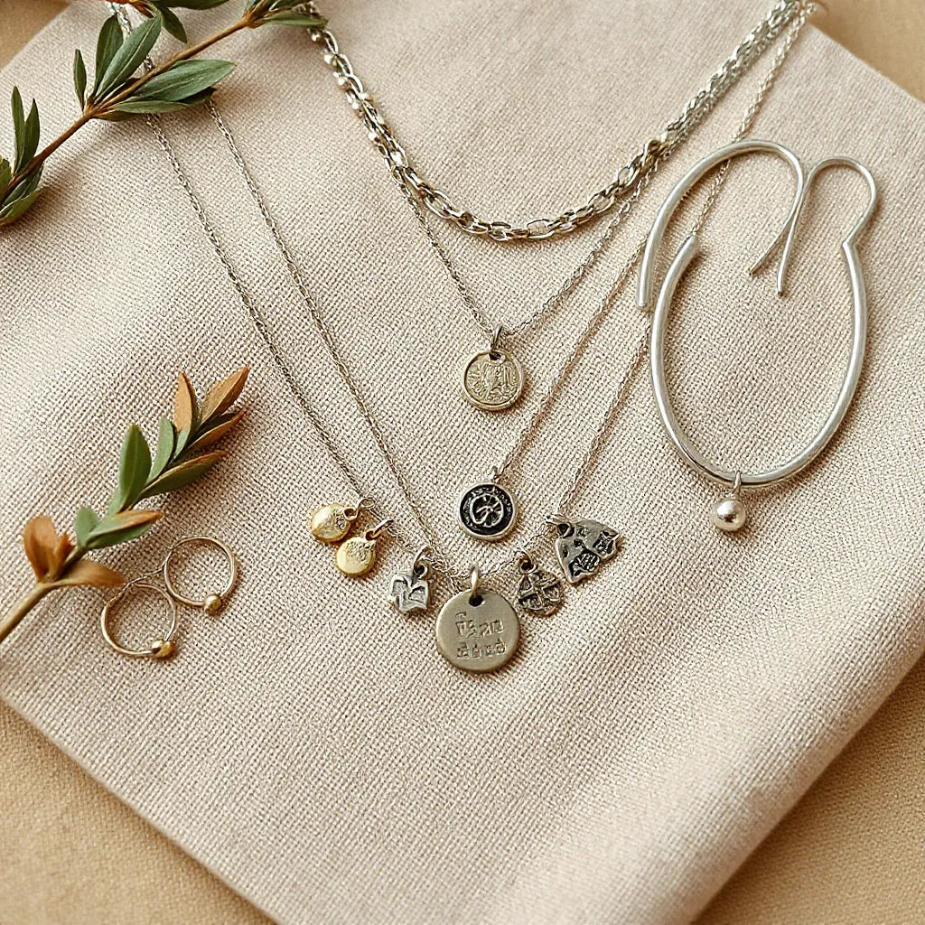 Layered silver charm necklace and beaded bracelets on neutral fabric with small natural accents