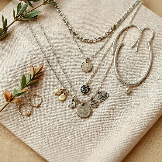 Layered silver charm necklace and beaded bracelets on neutral fabric with small natural accents