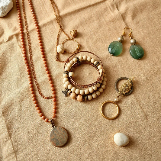 Handcrafted boho jewelry set with layered beads, bracelets, and earrings on neutral fabric