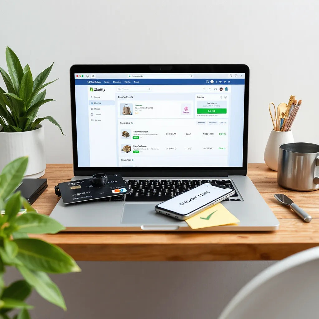 Laptop and smartphone on a tidy desk with ecommerce setup items for launching a Shopify store