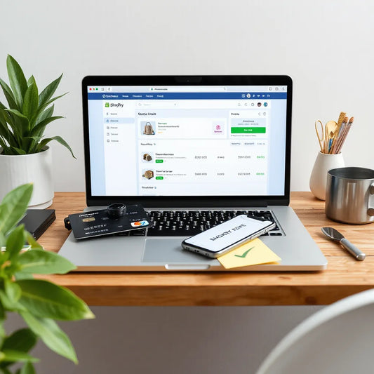 Laptop and smartphone on a tidy desk with ecommerce setup items for launching a Shopify store