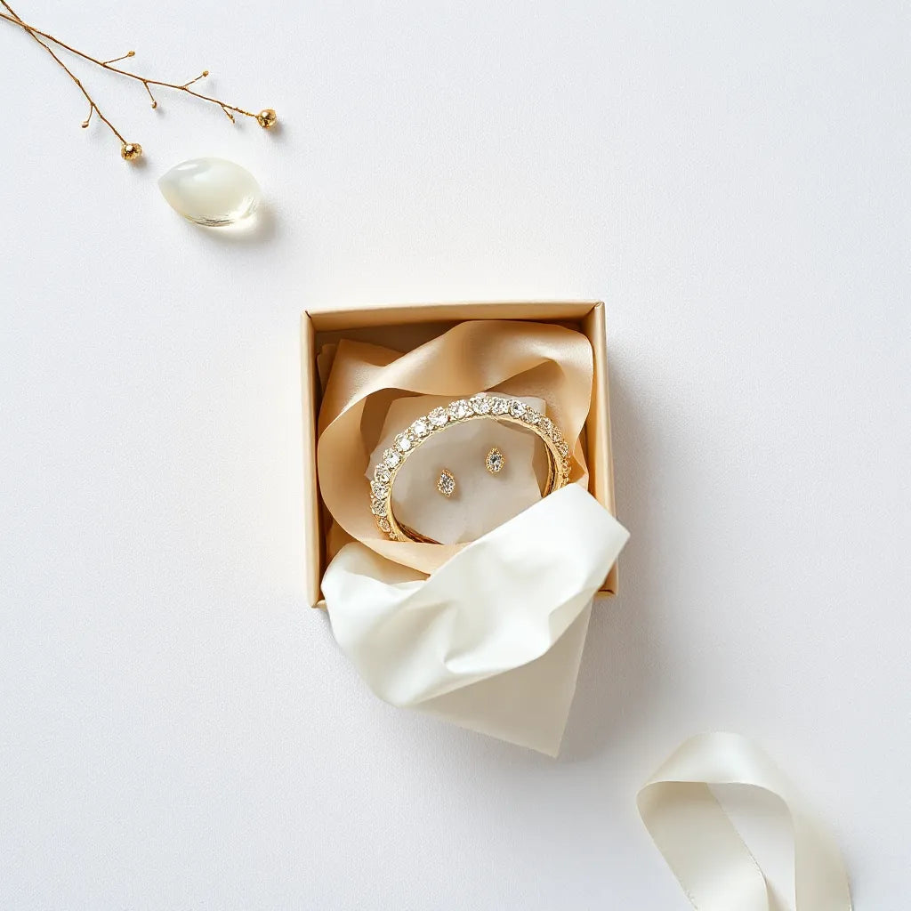 An elegant jewelry gift box with ribbon and a small set of bracelet and earrings inside