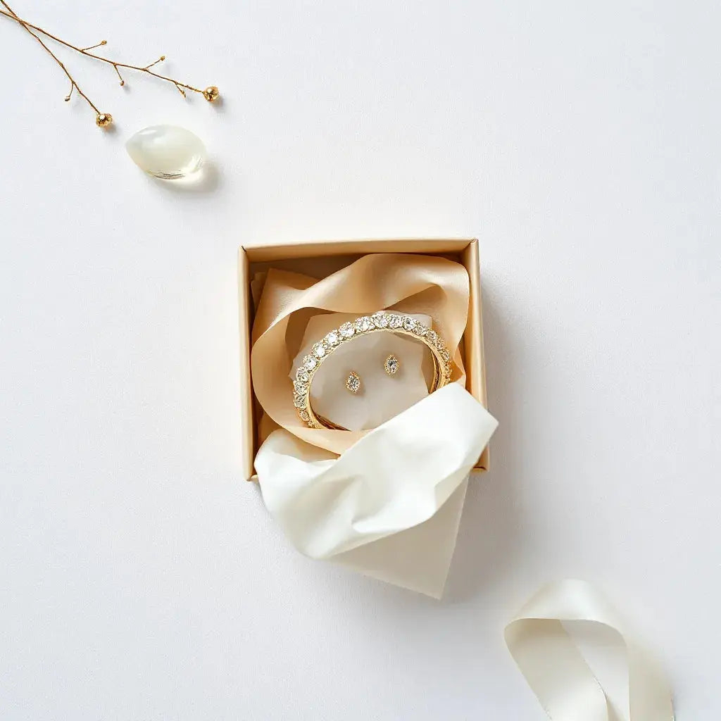 An elegant jewelry gift box with ribbon and a small set of bracelet and earrings inside