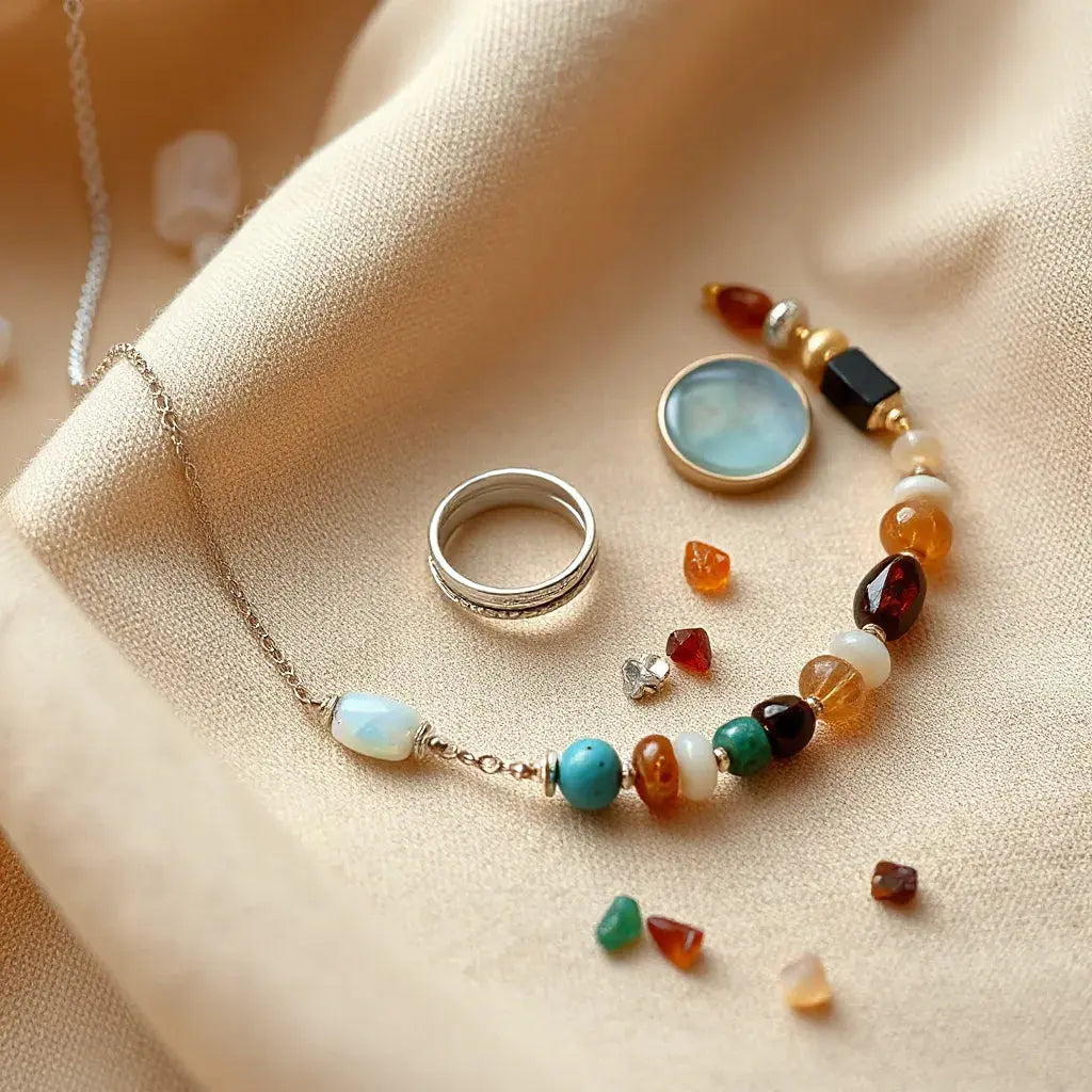 Layered silver gemstone rings, necklace, and bracelet with colorful stones on neutral fabric