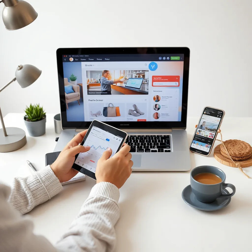 Small business owner reviewing tablet and screens showing connected storefronts across multiple sales channels