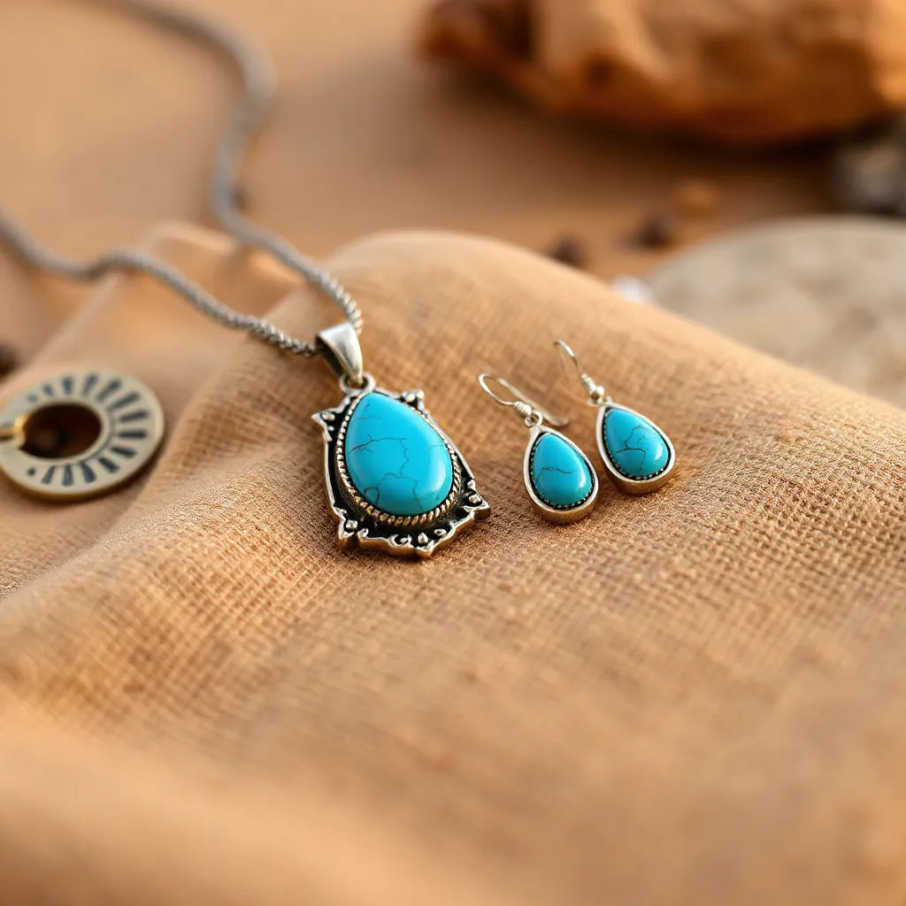 Turquoise pendant and earrings with warm southwestern metal accents on desert-toned fabric