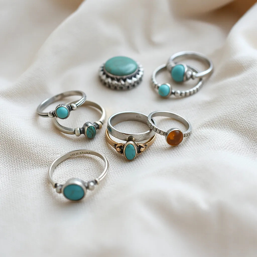 Stacked silver bohemian rings with turquoise accents laid on beige linen fabric
