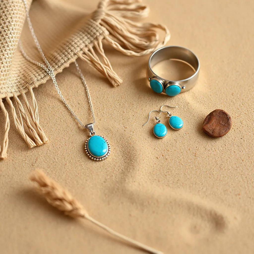 Turquoise bohemian southwestern jewelry set with pendant necklace and matching earrings on desert sand