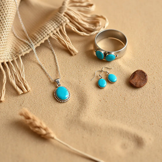 Turquoise bohemian southwestern jewelry set with pendant necklace and matching earrings on desert sand