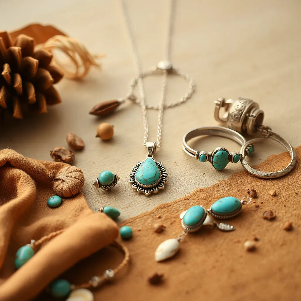 Turquoise pendant necklace, rings, and stacked bracelets on warm desert fabric with silver accents