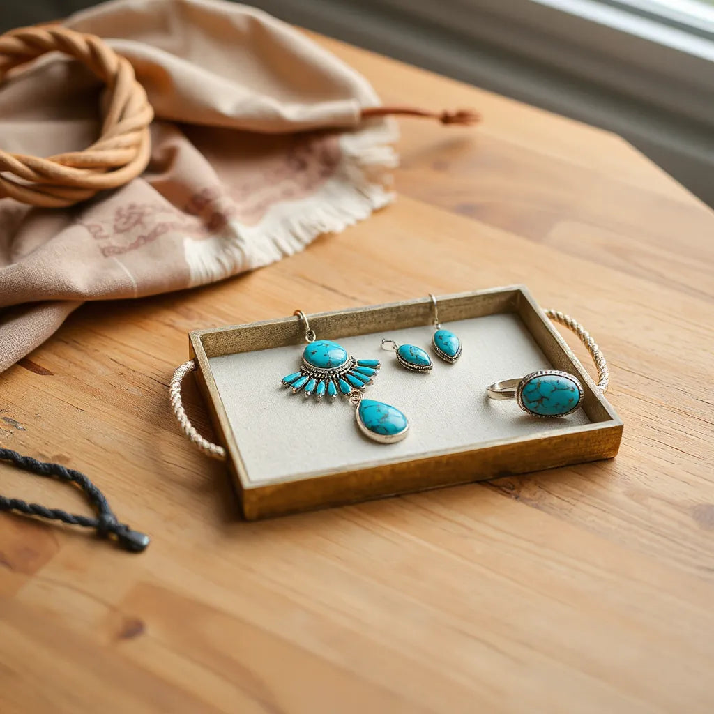Turquoise jewelry pieces with silver settings on a warm wooden surface with desert-inspired accents