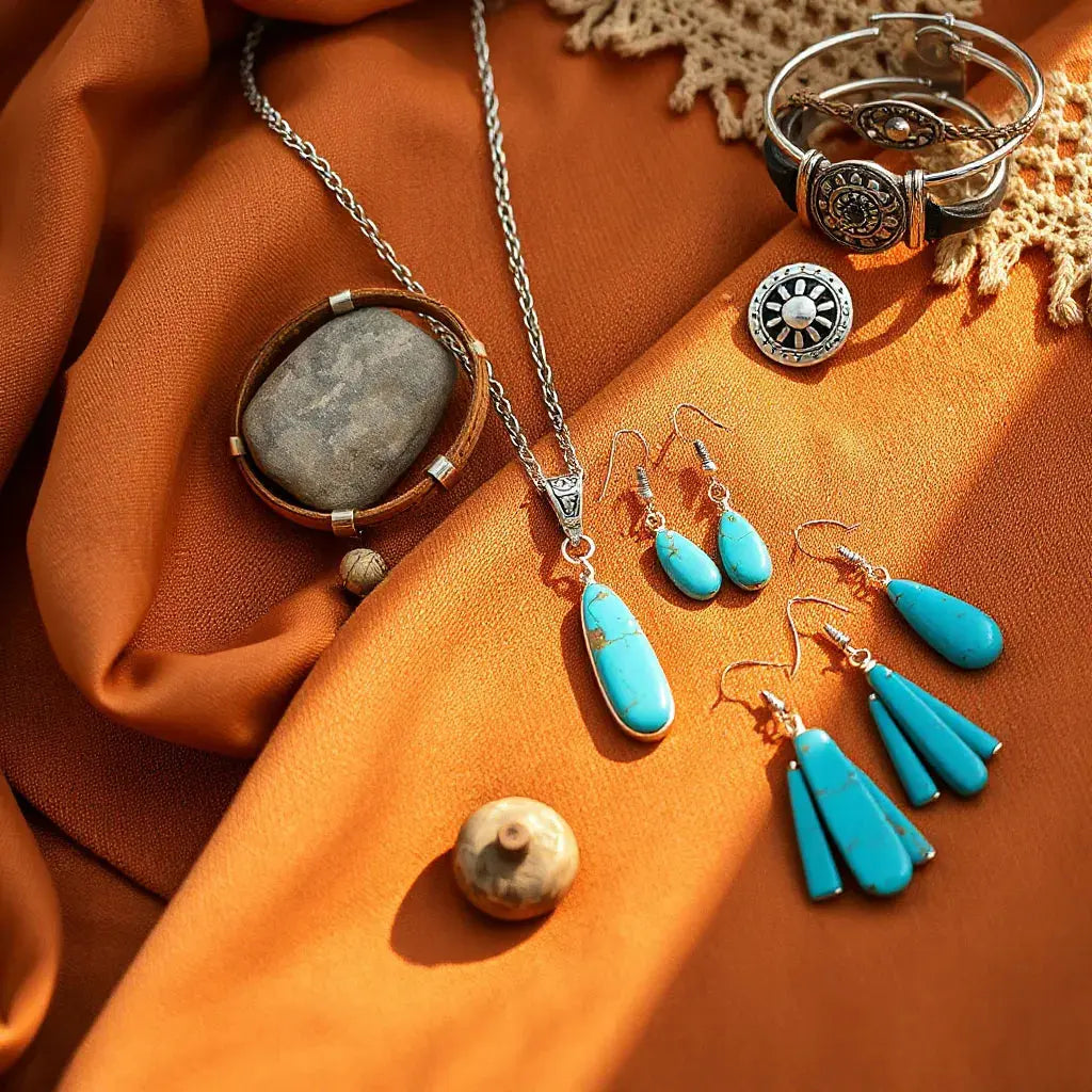 Turquoise pendant necklace and bohemian southwestern jewelry laid on desert-toned fabric with silver accents.