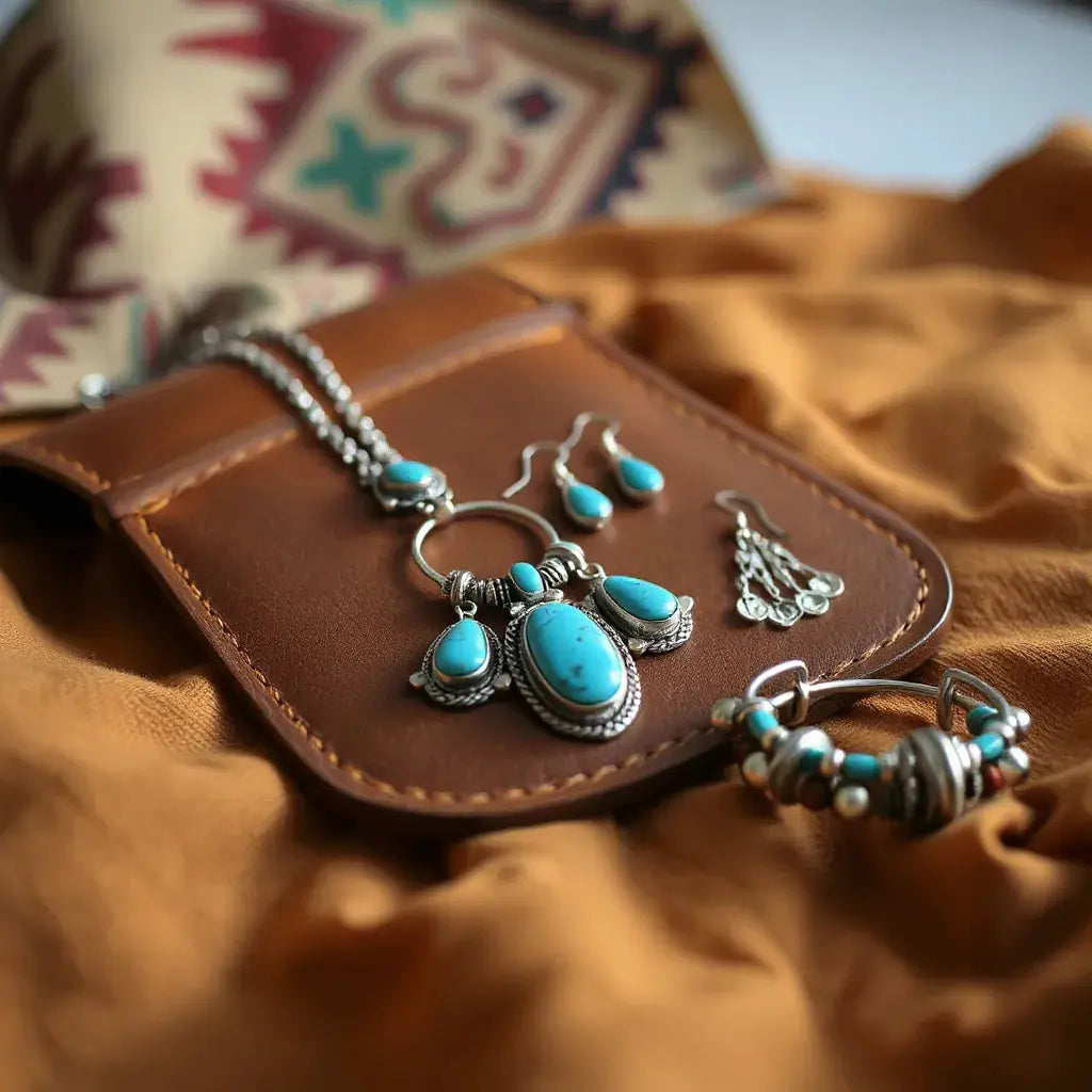 Turquoise statement necklace, earrings, and bracelets displayed on leather with soft southwestern decor in the background