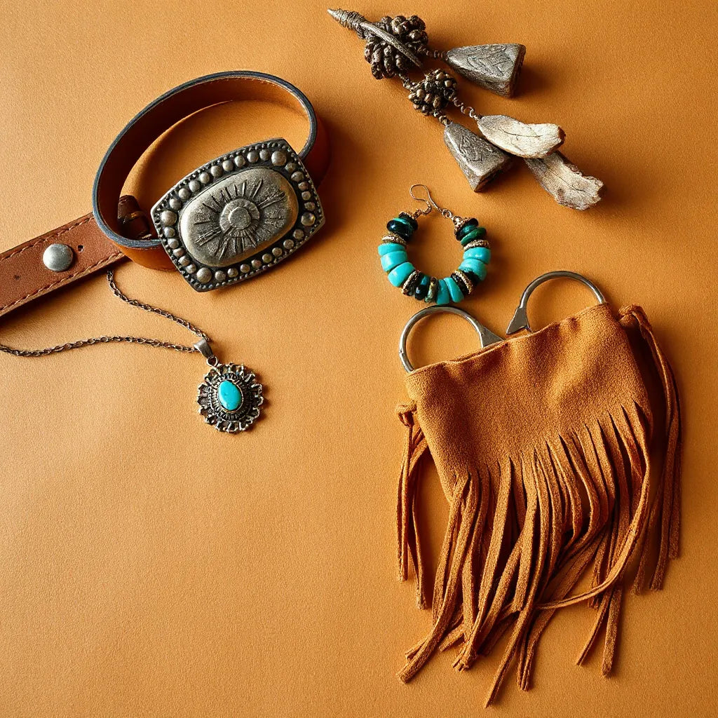 Turquoise necklace, conchos, leather and suede western accessories laid on tan leather background.