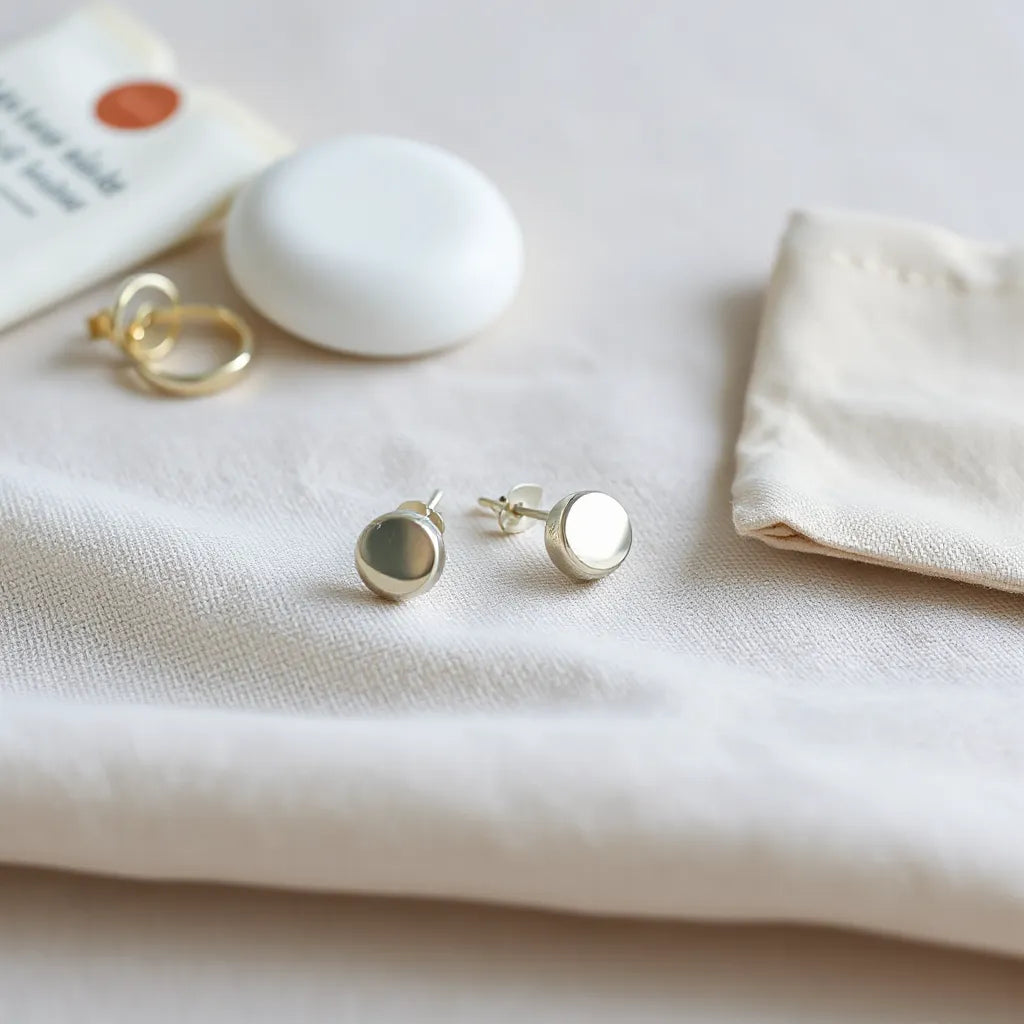 Pair of hypoallergenic earrings on neutral fabric with visible post and back details for sensitive-ear comfort.
