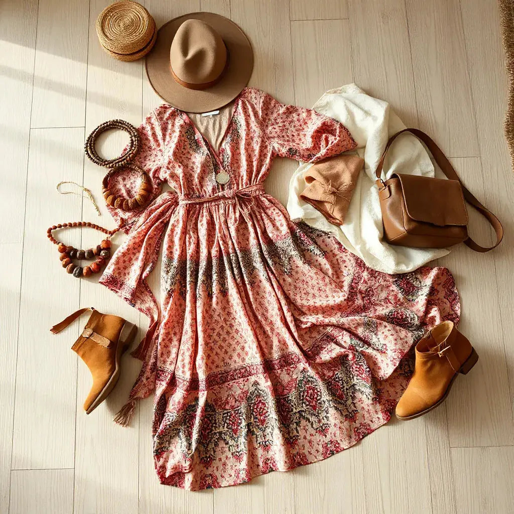 Bohemian outfit styled with layered scarves, patterned dress, beaded jewelry, hat, and leather bag on a wooden floor