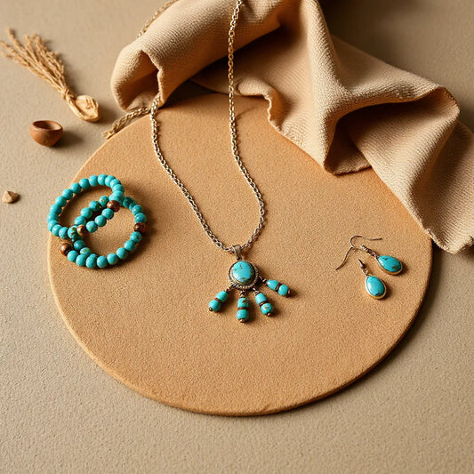 Turquoise pendant necklace and beaded jewelry arranged on desert-toned fabric.