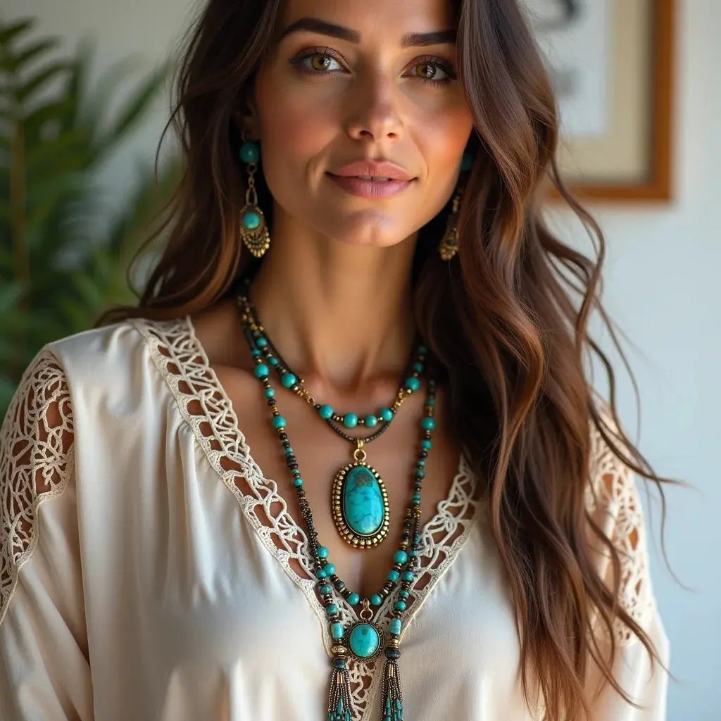 Bohemian, Southwestern, Turquoise, Jewelry - Bohemian Southwestern Turquoise Jewelry Layered Style