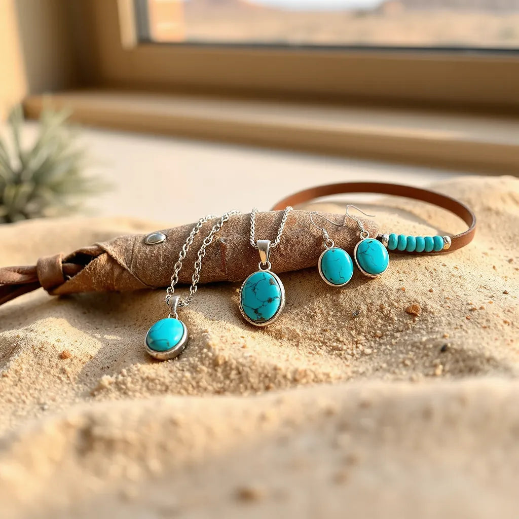 Turquoise pendant necklace and earrings laid on desert sand with subtle southwestern accents