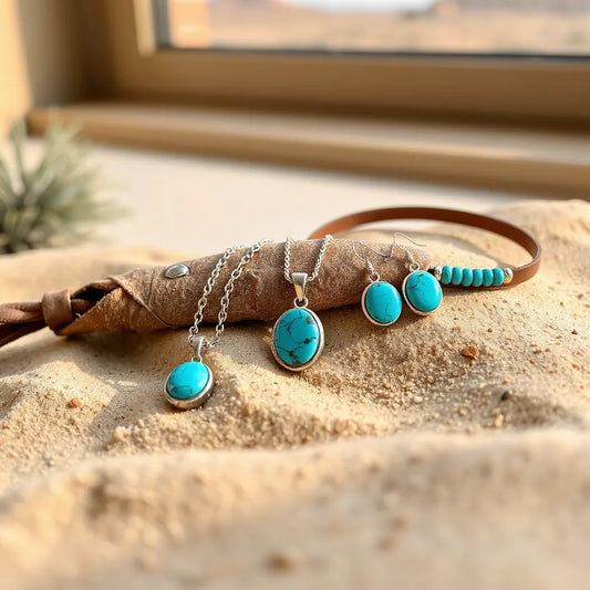 Turquoise pendant necklace and earrings laid on desert sand with subtle southwestern accents