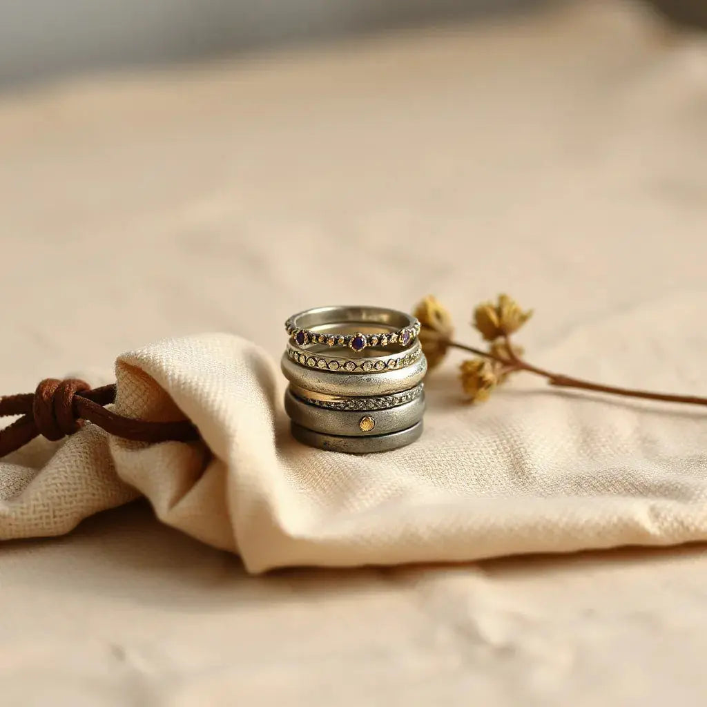 Layered vintage-style boho rings with antique metal textures and small gemstone accents on neutral fabric