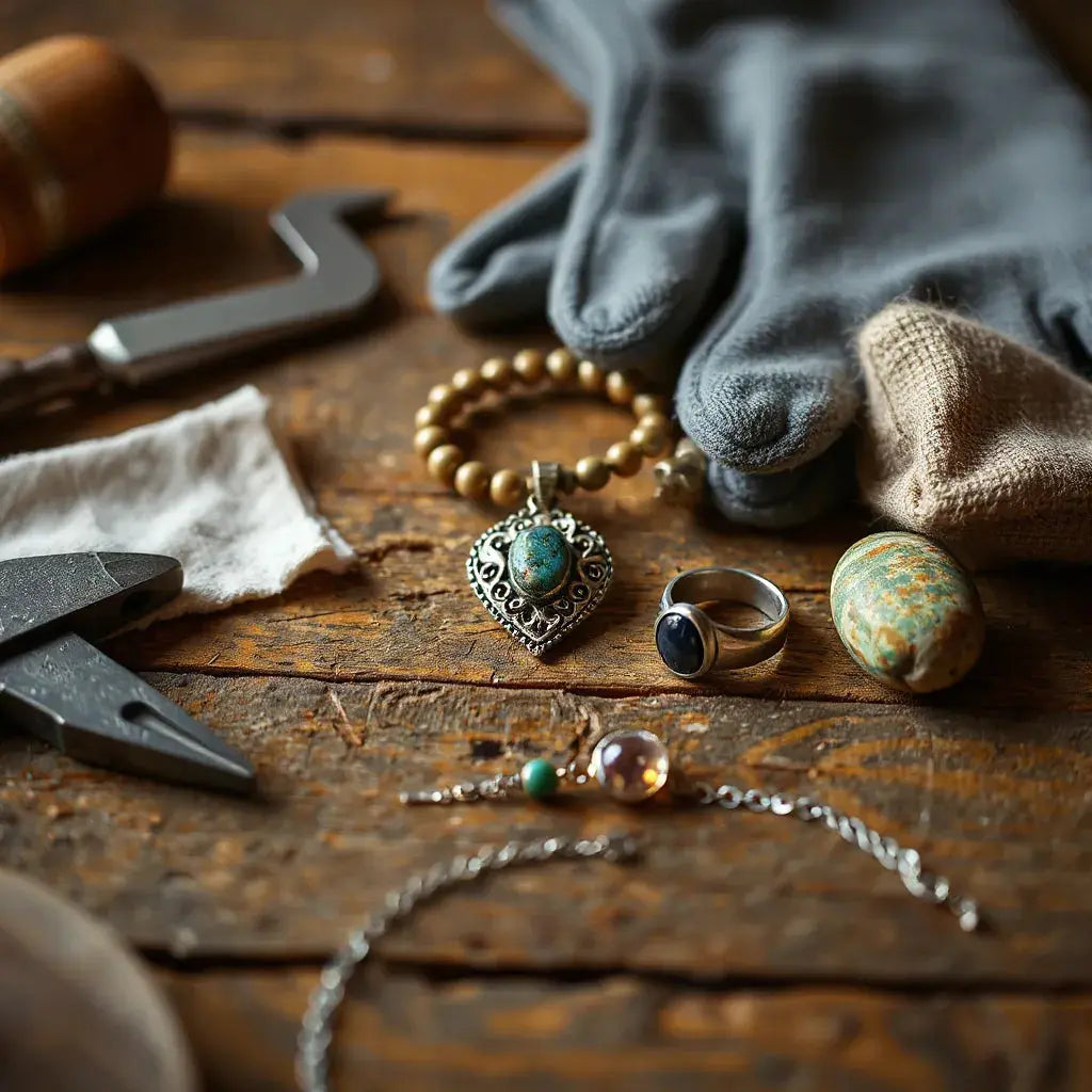 Artisan jewelry pieces displayed on a wooden workbench with visible metal and gemstone details