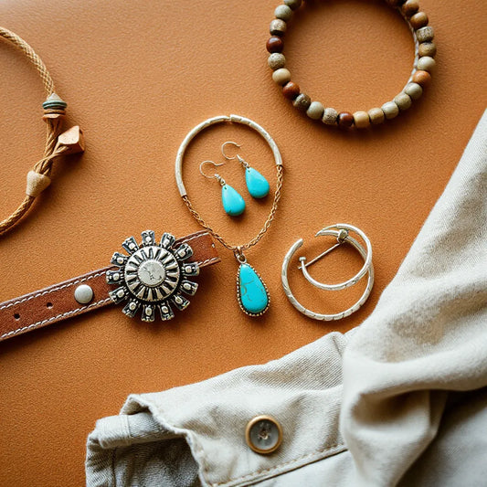 Layered turquoise necklace, copper cuff, concho details, and beaded bracelets on tan leather