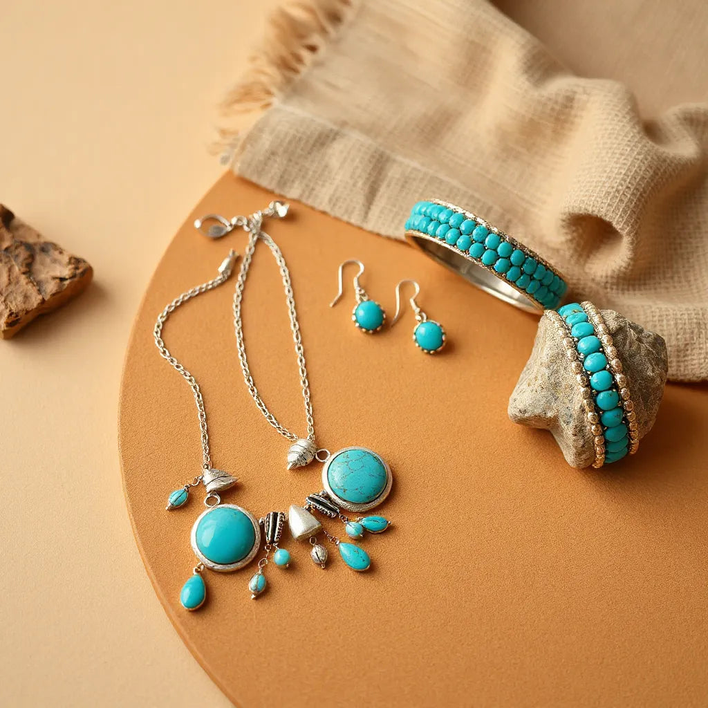 Turquoise bohemian jewelry set with necklace, earrings, and beaded cuff on warm leather with desert tones