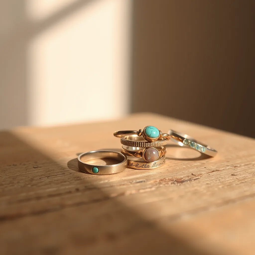 Stacked bohemian rings with stone accents arranged on warm wood in soft light