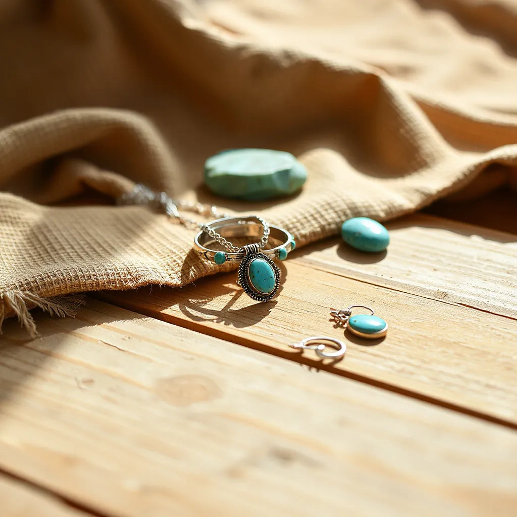 Turquoise pendant necklace and matching jewelry with silver accents on a warm desert tabletop