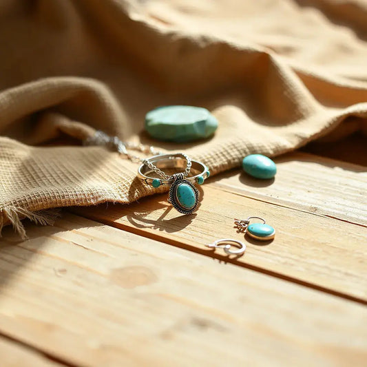 Turquoise pendant necklace and matching jewelry with silver accents on a warm desert tabletop