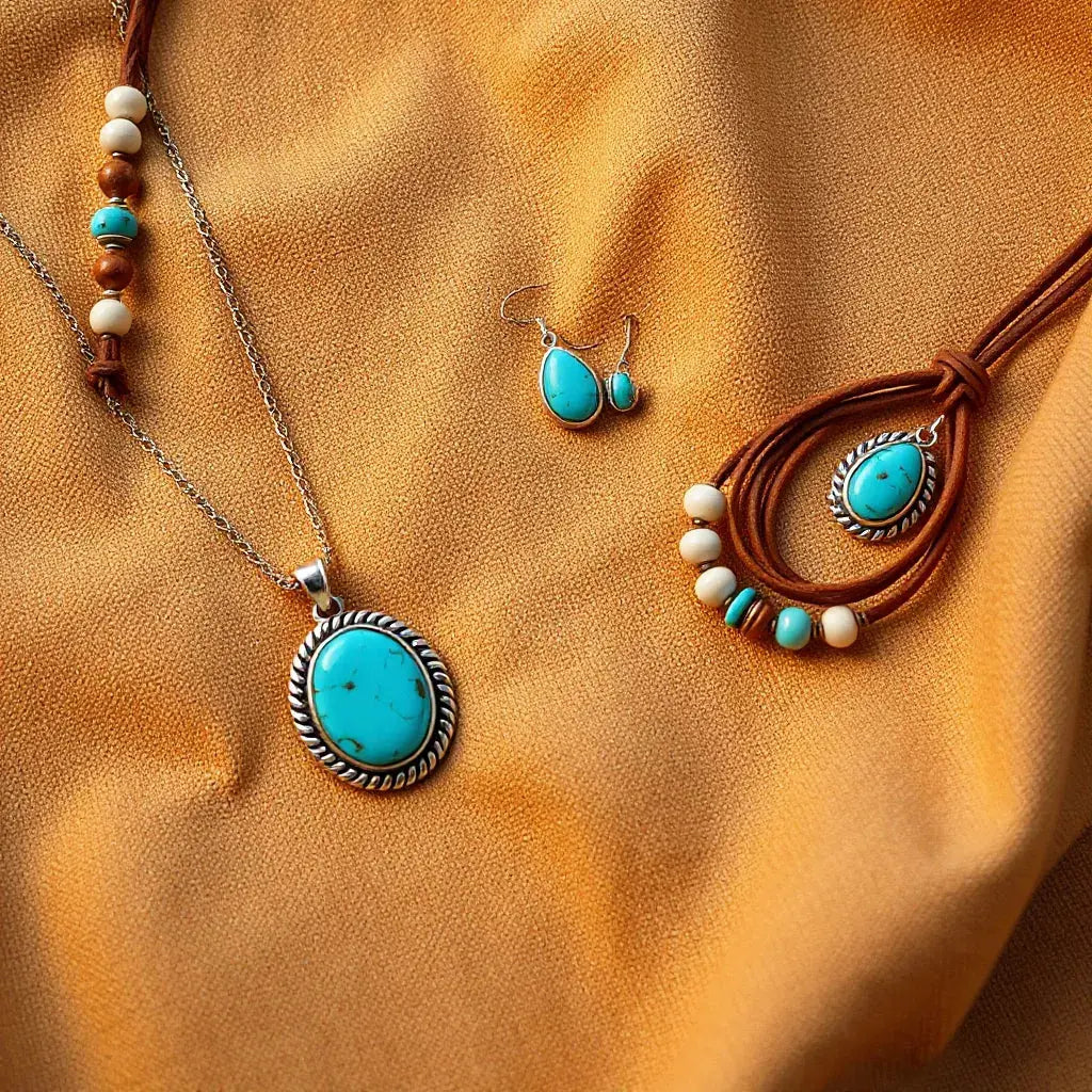 Turquoise pendant necklace and matching earrings styled with southwestern beads and leather cord