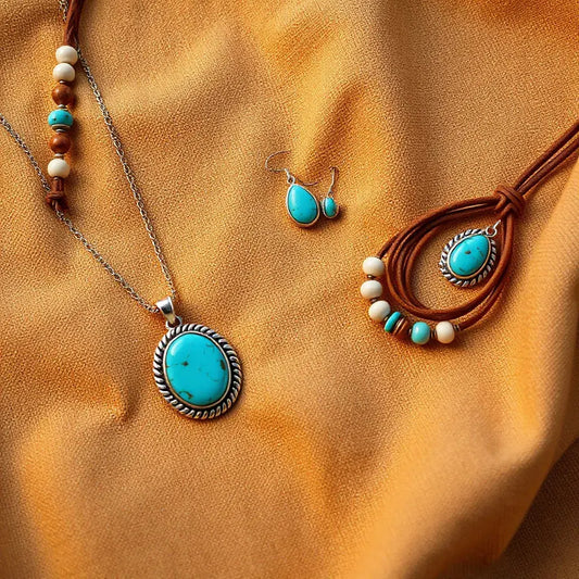 Turquoise pendant necklace and matching earrings styled with southwestern beads and leather cord