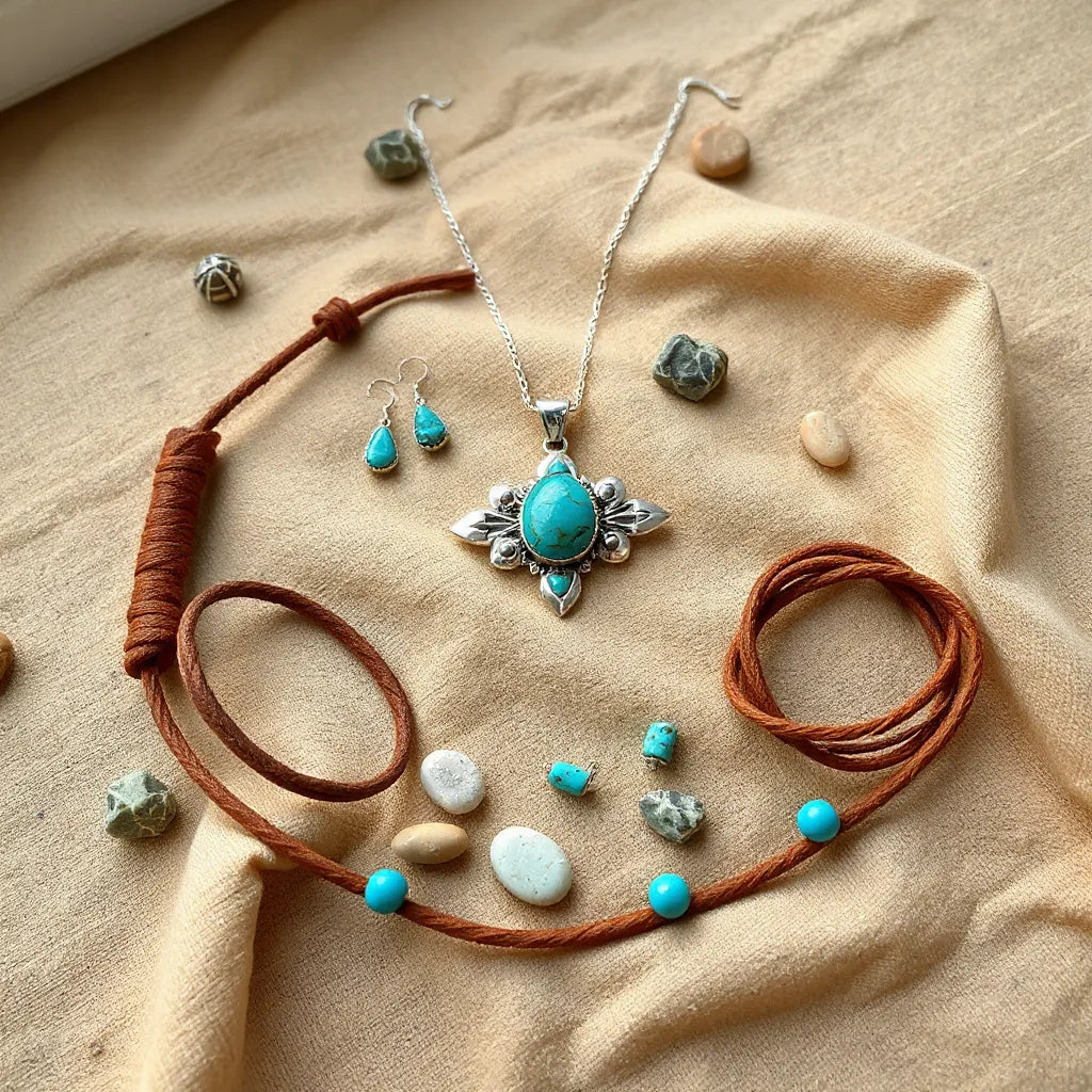 Turquoise pendant and earrings with silver accents styled on warm neutral fabric with desert-inspired stones and sage.