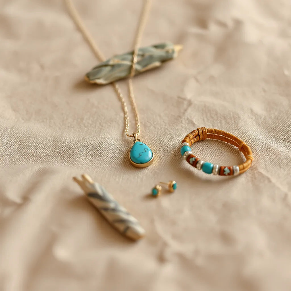 Turquoise pendant necklace, earrings, and beaded bracelet styled in a bohemian southwestern layout