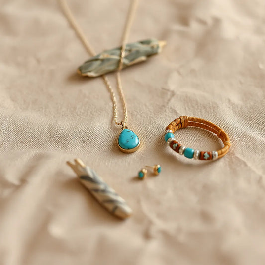 Turquoise pendant necklace, earrings, and beaded bracelet styled in a bohemian southwestern layout