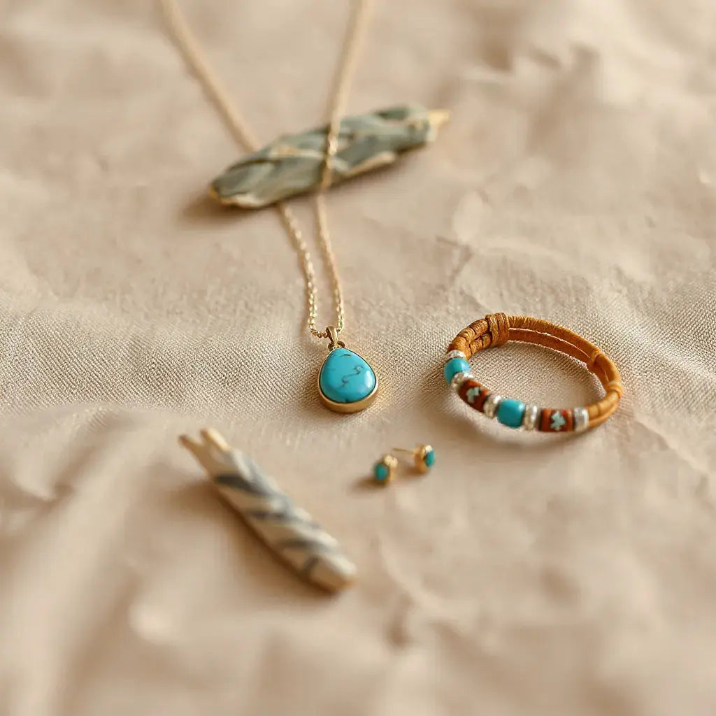 Turquoise pendant necklace, earrings, and beaded bracelet styled in a bohemian southwestern layout
