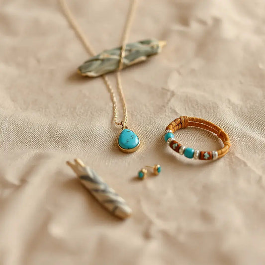 Turquoise pendant necklace, earrings, and beaded bracelet styled in a bohemian southwestern layout