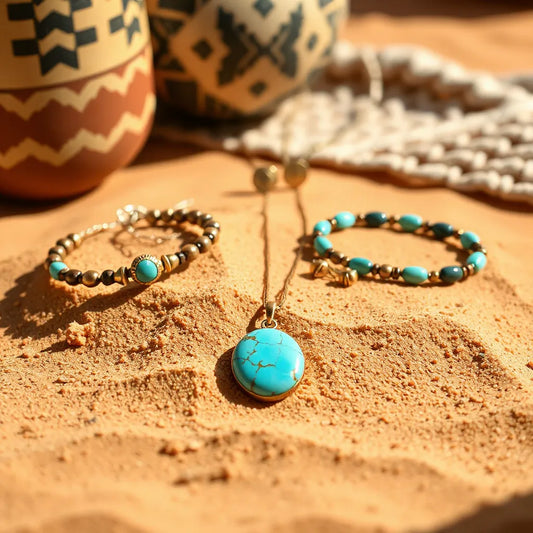 Turquoise pendant necklace, earrings, and beaded bracelet on desert sand with subtle southwestern textures