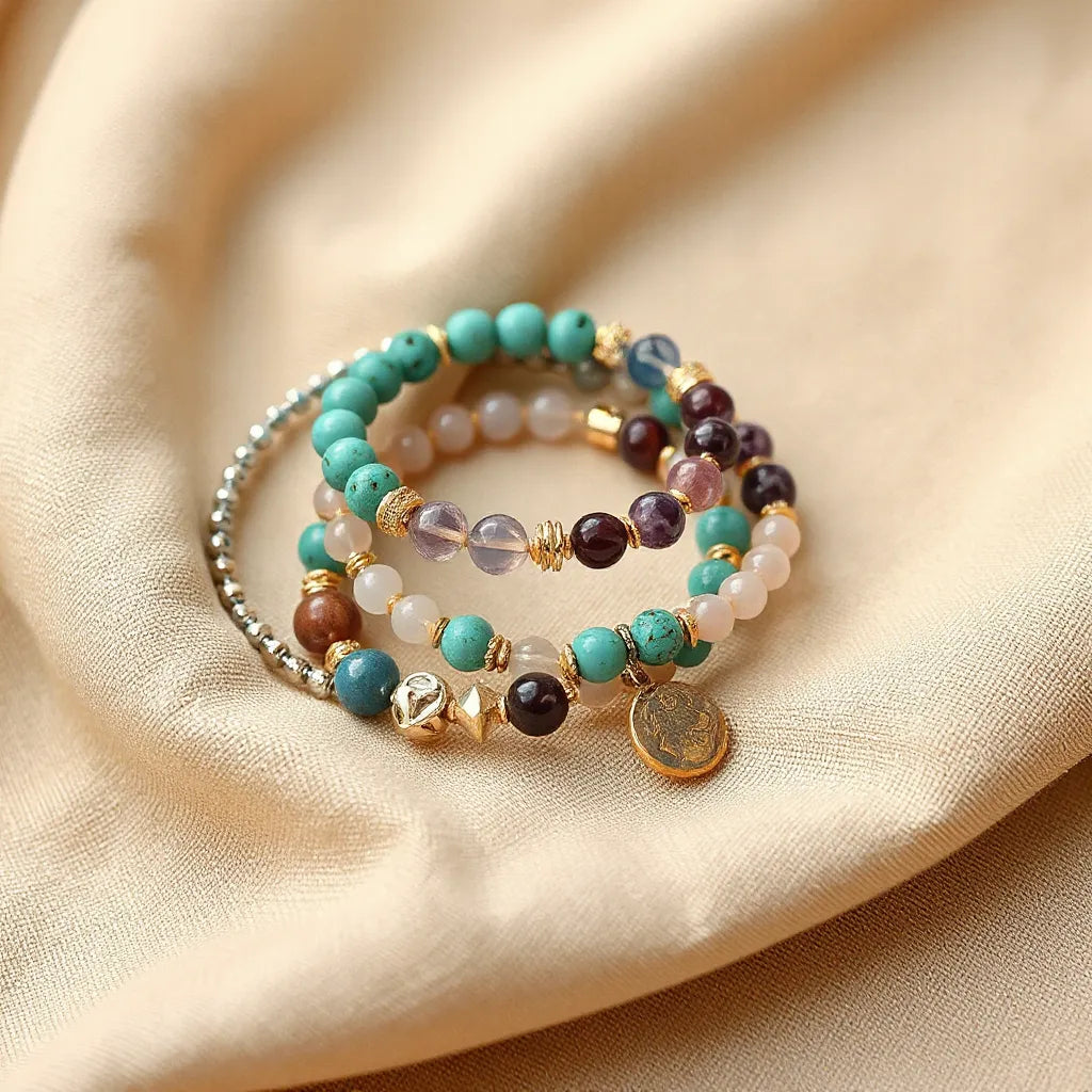 Colorful gemstone bracelets with turquoise, amethyst, and rose quartz beads on neutral fabric