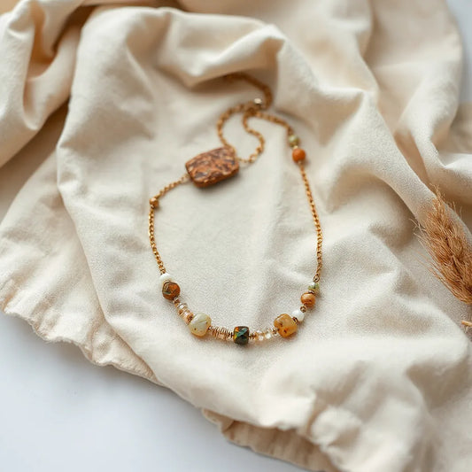 Layered boho gemstone necklaces with visible gemstones and warm metallic accents on neutral fabric