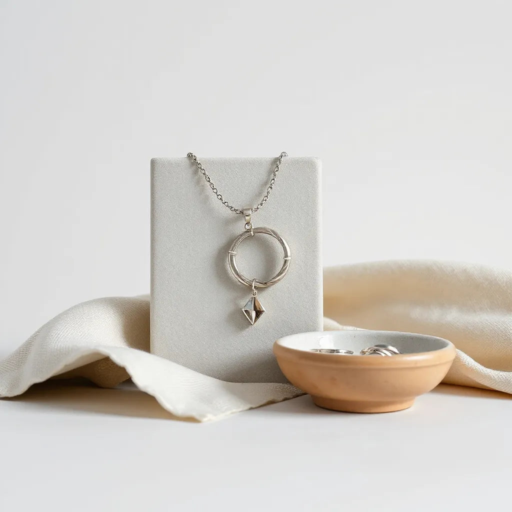 Modern silver necklace, hoop earrings, rings, and a geometric pendant arranged on a minimalist jewelry stand.
