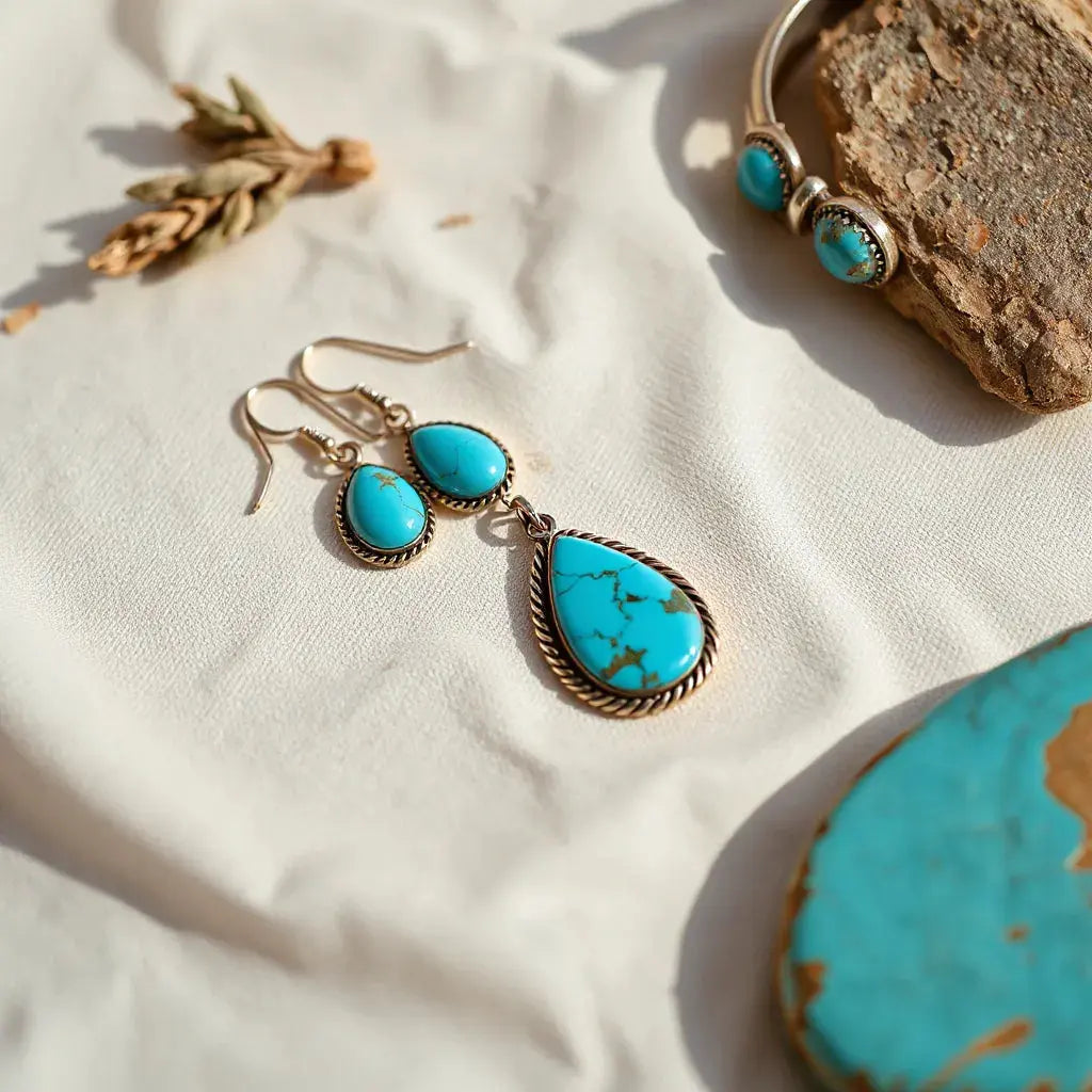 Turquoise pendant, earrings, and a boho southwestern cuff bracelet on light fabric with soft desert accents.